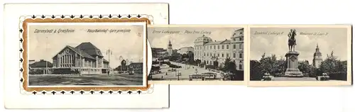 Leporello-AK Darmstadt, Griesheim, Hauptbahnhof, Ernst Ludwigsplatz, Rheinstrasse, Truppenübungsplatz