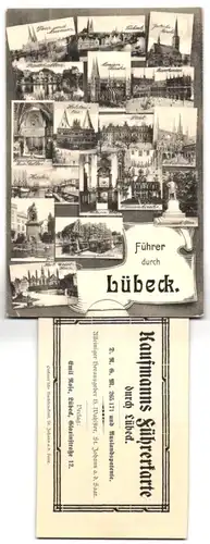 AK Lübeck, Ortsansicht, Hafen, Marienkirche, Ratskeller, Ortsführer im Innern der Karte
