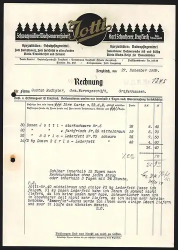 Rechnung Lenzkirch 1939, Jotti, Schwarzwälder Wachswarenfabrik Karl Schacherer