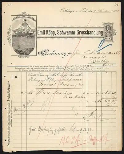 Rechnung Ötlingen 1892, Emil Köpp, Schwamm-Grosshandlung, Amerikanische & Mittelmeer-Schwämme, Schiff