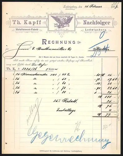 Rechnung Ludwigsburg 1897, Th. Kapff Nachfolger, Export-Logo für die USA