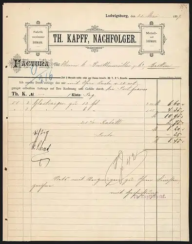 Rechnung Ludwigsburg 1887, Th. Kapff, Nachfolger, Fabrik verzinnter Drahtwaaren, Metall- und Lackirwaaren