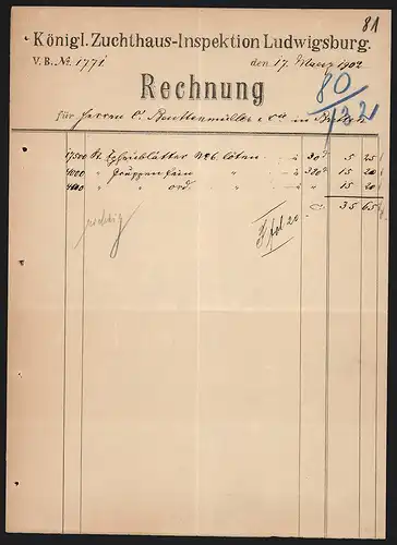 Rechnung Ludwigsburg 1902, Königliche Zuchthaus-Inspektion