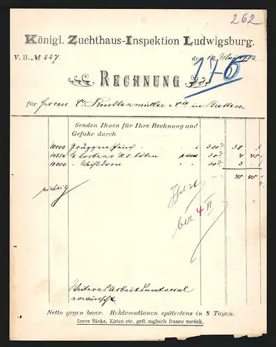 Rechnung Ludwigsburg 1902, Königliche Zuchthaus-Inspektion