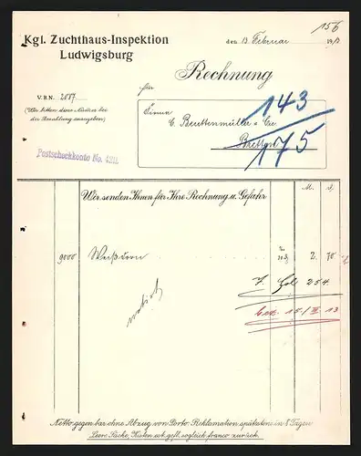 Rechnung Ludwigsburg 1913, Königliche Zuchthaus-Inspektion