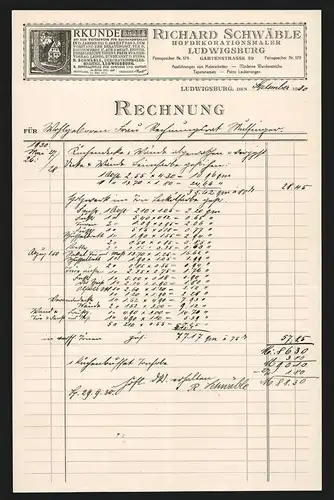 Rechnung Ludwigsburg 1930, Richard Schwäble, Hofdekorationsmaler, Gartenstrasse 29, Meisterurkunde