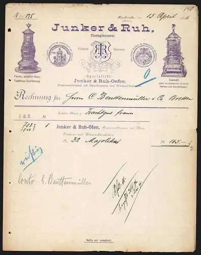 Rechnung Karlsruhe 1896, Junker & Ruh Eisengiesserei, Ofen-Fabrikation, Auszeichnungen und Produktansichten