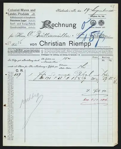 Rechnung Karlsruhe 1905, Christian Riempp, Colonial-Waren und Landes-Produkte, Silberne Medaille 1877
