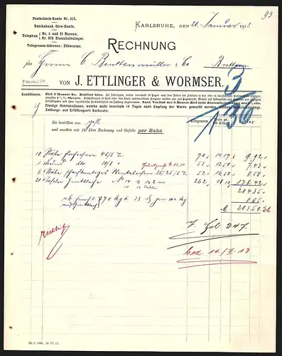 Rechnung Karlsruhe 1913, Firma J. Ettlinger & Wormser