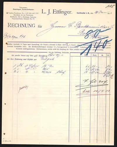 Rechnung Karlsruhe i. B. 1913, Firma L. J. Ettlinger