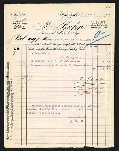 Rechnung Karlsruhe 1913, J. Bähr, Bau- und Möbelbeschläge, Waldstr. 51