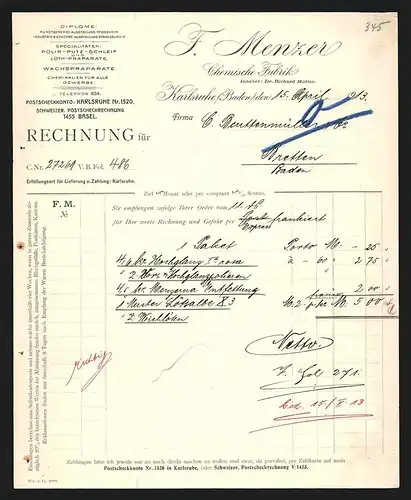 Rechnung Karlsruhe /Baden 1913, F. Menzer, Chemische Fabrik, Specialitäten: Polier-, Putz-, Schleif- und Löthpräparate