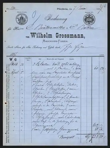 Rechnung Pforzheim 1887, Wilhelm Grossmann, Maschinen-Fabrik, Silberne Medaille Karlsruhe 1877
