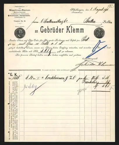 Rechnung Pfullingen 1901, Firma Gebrüder Klemm, Fabrikation von Maschinen-Riemen, Silberne Medaille Stuttgart 1881