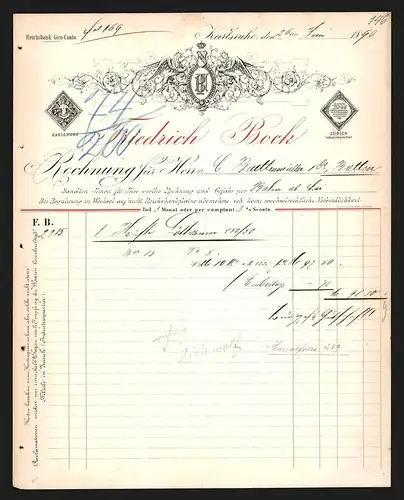 Rechnung Karlsruhe 1890, Firma Friedrich Bock, Firmenlogo