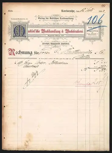 Rechnung Karlsruhe 1892, Macklot`sche Buchhandlung & Buchdruckerei, Verlag der Badischen Landeszeitung