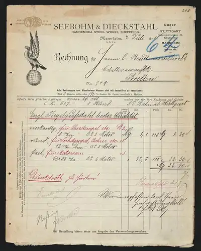 Rechnung Mannheim 1892, Seebohm & Dieckstahl, Dannemora Steel Works, Sheffield, Medaille, Adler trägt Globus