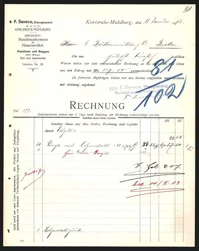 Rechnung Karlsruhe-Mühlburg 1913, F. Seneca, Eisengiesserei GmbH, Maschinenformerei