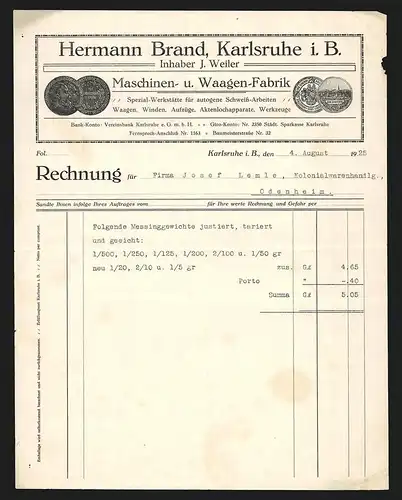 Rechnung Karlsruhe i. B. 1925, Hermann Brand Maschinen- u. Waagen-Fabrik, Gewonnene Medaillen