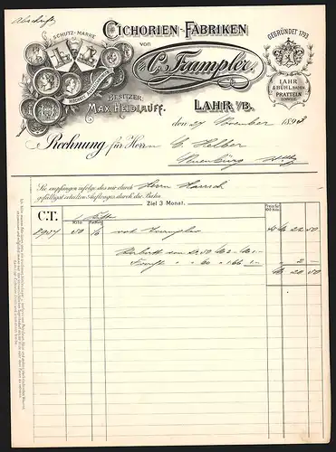 Rechnung Lahr i. B. 1893, C. Trampler Cichorien-Fabrik, gewonnene Auszeichnungen