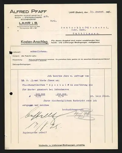 Rechnung Lahr i. B. 1925, Alfred Pfaff, Graph. Kunstanstalt, Buch- und Steindruckerei, Buchbinderei