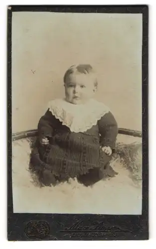 Fotografie Max Jung, Lichtenstein-C., Schulgasse 3, Süsses Kleinkind im Kleid sitzt auf Fell