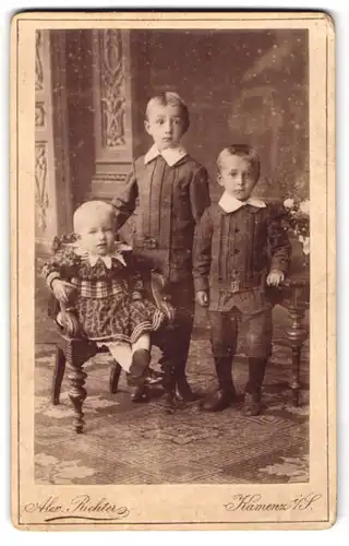 Fotografie Alex. Richter, Kamenz i. S., Zwei Jungen mit Kleinkind in modischer Kleidung