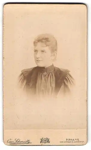 Fotografie Osw. Schmidt, Pirna, Grohmannstr. Ecke Jakobäerstr., Junge Dame mit zurückgebundenem Haar
