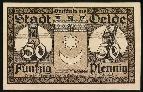 Notgeld Oelde 1920, 50 Pfennig, Mühle, Kinder tanzen im Kreis