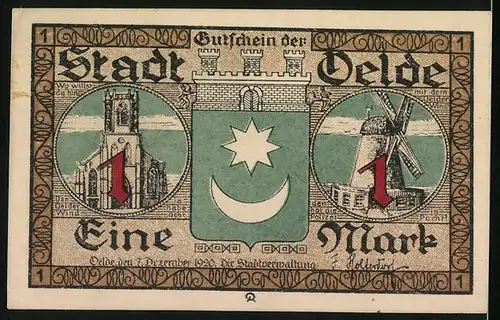 Notgeld Oelde 1920, 1 Mark, Kinder tanzen den Uelske Pinrenkranz, Windmühle