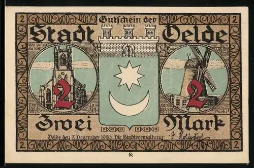 Notgeld Oelde 1920, 2 Mark, Windmühle, Kirche, De Uelske Pinrenkranz