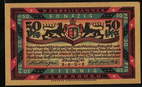 Notgeld Oldenburg 1921, 50 Pfennig, Wappen, Graf Anton Günther zu Pferd