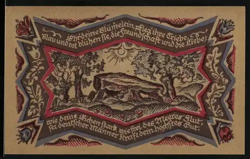 Notgeld Oldenburg 1921, 50 Pfennig, Felsen im Sonnenschein nebst Apfelbäumen, Wappen
