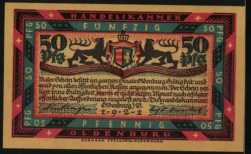 Notgeld Oldenburg 1921, 50 Pfennig, Felsen im Sonnenschein nebst Apfelbäumen, Wappen