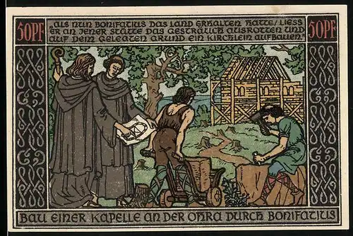 Notgeld Ohrdruf 1921, 50 Pfennig, Bau einer Kapelle, Kriegerengel