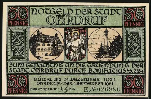 Notgeld Ohrdruf 1921, 50 Pfennig, Bau einer Kapelle, Kriegerengel