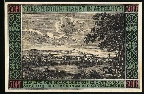 Notgeld Ohrdruf 1921, 50 Pfennig, Ortsansicht mit thüringischen Candelaber