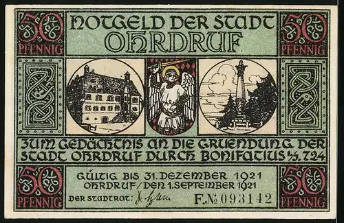 Notgeld Ohrdruf 1921, 50 Pfennig, Ortsansicht mit thüringischen Candelaber