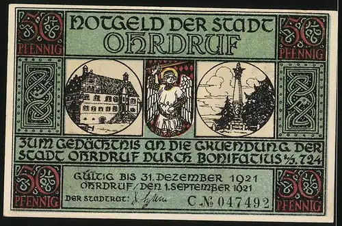 Notgeld Ohrdruf 1921, 50 Pfennig, St. Michael erscheint dem Bonifacius im Traume
