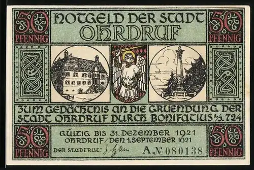 Notgeld Ohrdruf 1921, 50 Pfennig, Denkmal, Engel, Bonifatius wird von Papst Gregor II. zur Bekehrung beauftragt