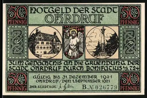 Notgeld Ohrdruf 1921, 50 Pfennig, Gemeindehaus, Engel, Bonifatius schlägt Lager an der Ohra auf