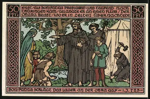 Notgeld Ohrdruf 1921, 50 Pfennig, Gemeindehaus, Engel, Bonifatius schlägt Lager an der Ohra auf