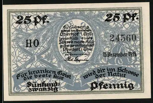 Notgeld Oberhof i. Thür. 1919, 25 Pfennig, Skifahrer vor dem Ort