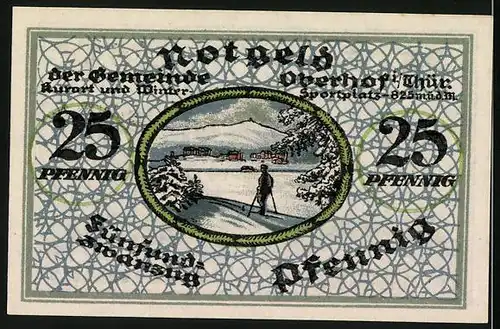 Notgeld Oberhof i. Thür. 1919, 25 Pfennig, Skifahrer vor dem Ort