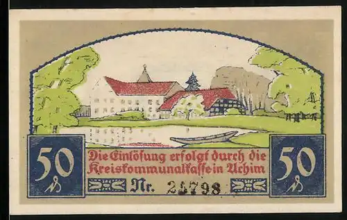 Notgeld Achim 1921, 50 Pfennig, Ruderboot am See, Bäuerin mit Sichel