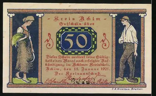 Notgeld Achim 1921, 50 Pfennig, Ruderboot am See, Bäuerin mit Sichel