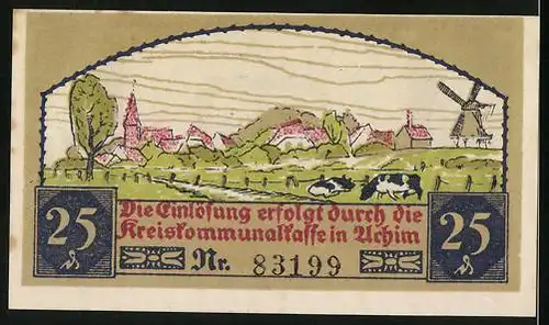 Notgeld Achim 1921, 25 Pfennig, Bäuerin mit Sichel, Bauer auf dem Feld, Kühe vor dem Ort