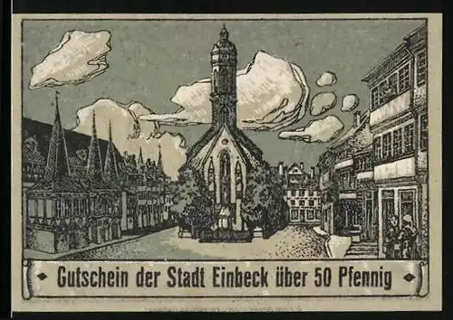 Notgeld Einbeck 1920, 50 Pfennig, Platz mit Kirche, Burgtor