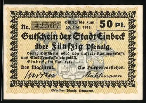 Notgeld Einbeck 1917, 50 Pfennig, Wappen mit Burgtor
