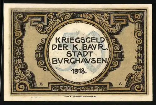 Notgeld Burghausen 1918, 50 Pfennig, Strassenpartie mit Blick in den Ort